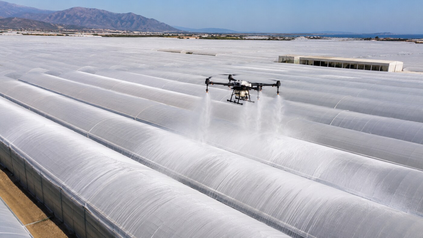 Drone blanqueando invernaderos